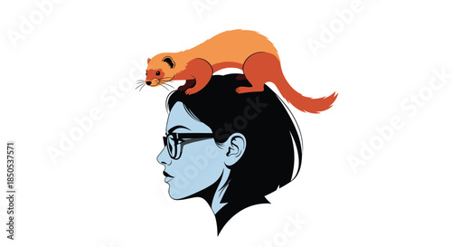 Stylized illustration of a ferret perched on a woman's head with glasses.
