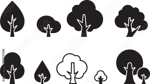 Rounded Minimalist Tree Silhouette and Outline Icon Set for Environmental Protection Forestry Nature Conservation and Green Landscape Design