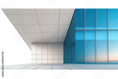 Minimal modern building exterior with blue glass facade, white panel wall, textured overhang and tiled plaza, serene sunset reflection and geometric perspective
