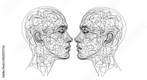 Abstract line art depicts two stylized human heads facing each other.