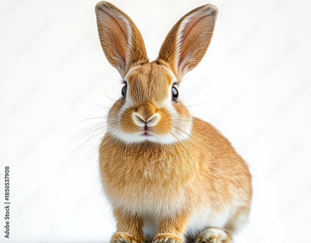 Fototapeta premium Portrait of a fluffy brown rabbit with upright ears and a curious alert expression on a clean white background