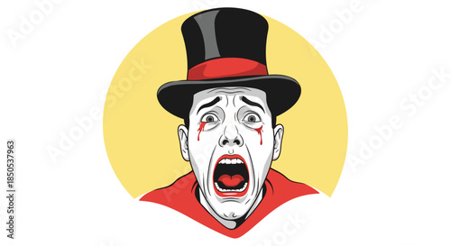 Horrified character with a top hat and red tears screaming, expressing intense fear or pain.