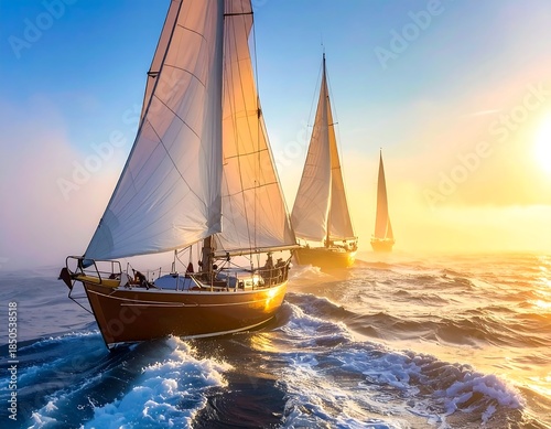 Three sailboats race at sunrise, their sails illuminated
