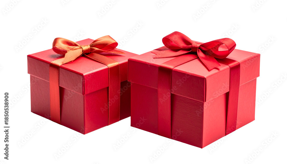 Fototapeta premium Two Red Gift Boxes with Golden Ribbon Variations Isolated on Transparent Background.