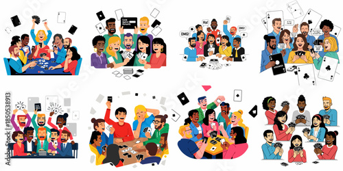 Diverse friends laughing and cheering while playing a hilarious adult card game, enjoying fun social time and competitive entertainment together.