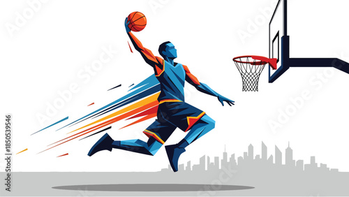 Dynamic Basketball Player Athlete Silhouette Jumping for Slam Dunk with Motion Blur Lines and City Skyline Background for Sports Promotion Design