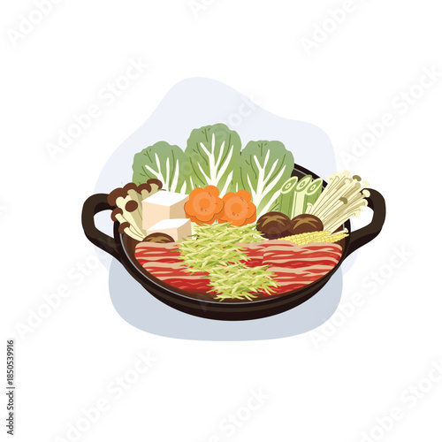 japanese hot pot nabe with beef vegetables tofu and mushrooms served in a clay pot