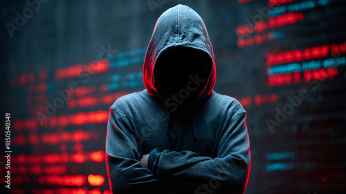 Hooded hacker figure with red binary code overlay cybercrime technology threat