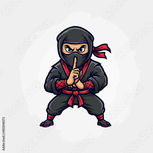 A determined cartoon ninja stands silently with finger to lips in a threatening stance.