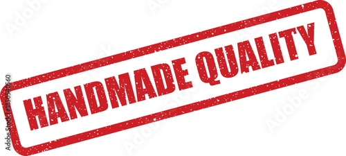 Red rectangular grunged stamp icon displaying handmade quality text for promoting superior craftsmanship