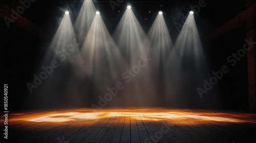empty wooden stage lit by five overhead spotlights with visible light beams and smoky haze, creating a dramatic atmosphere of anticipation and solitude