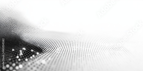 Monochrome halftone dot field forming an undulating surface with soft gradient and a calm, minimalist futuristic mood
