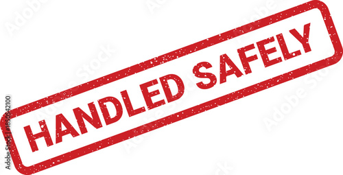 Red textured rubber stamp presenting HANDLED SAFELY with a grunge appearance, often used for secure package assurance