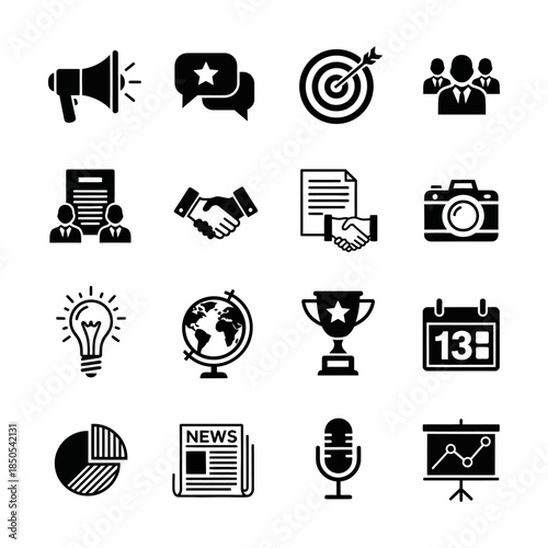 Collection of Black Icons Representing Business Concepts and Professional Activities
