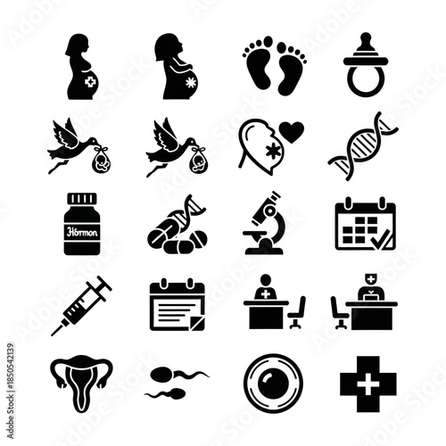 Collection of Icons Representing Reproduction, Pregnancy, and Genetics