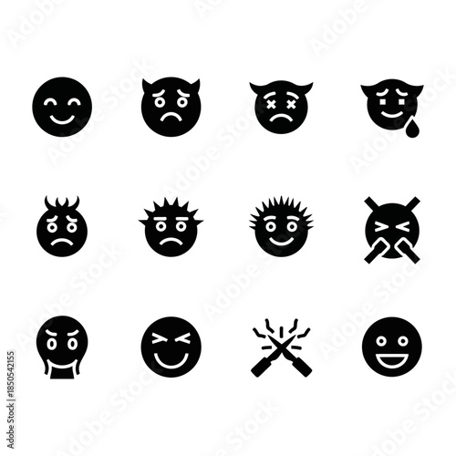 Set of Twelve Black and White Emoji Icons Representing Various Emotions and Expressions