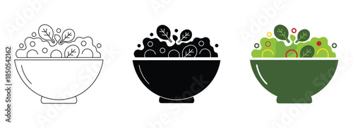 Salad Bowl Icon Set in Outline, Solid and Flat Color Style Isolated on White Background