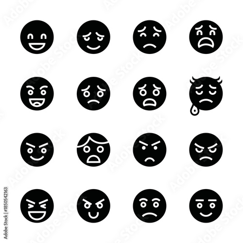 A diverse collection of black and white emoji icons illustrating a wide range of human emotions and facial expressions for digital communication and visual messaging