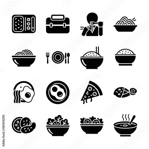 Set of food and meal icons, including various dishes, snacks, and meal preparation equipment