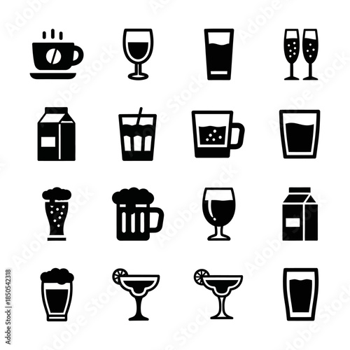 Comprehensive Collection of Beverage Icons Featuring Diverse Drink Types and Refreshment Concepts, Ideal for Menus, User Interfaces, and Digital Design Projects, Showcasing a Variety of Liquid Options