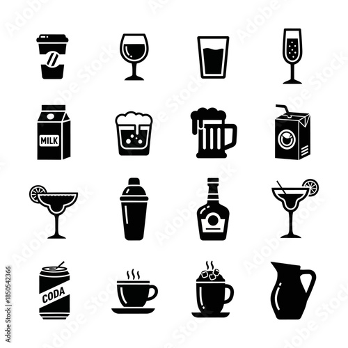 Versatile collection of various beverage icons, showcasing a wide range of popular drinks from coffee to cocktails, perfect for graphic design elements, menus, and digital applications