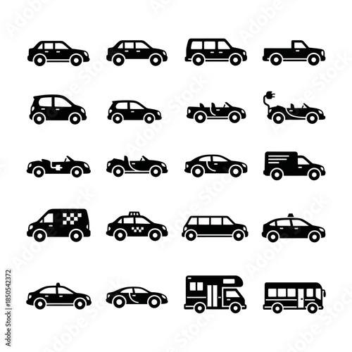Collection of various vehicles and transportation icons including cars, taxis, buses, and motorcycles