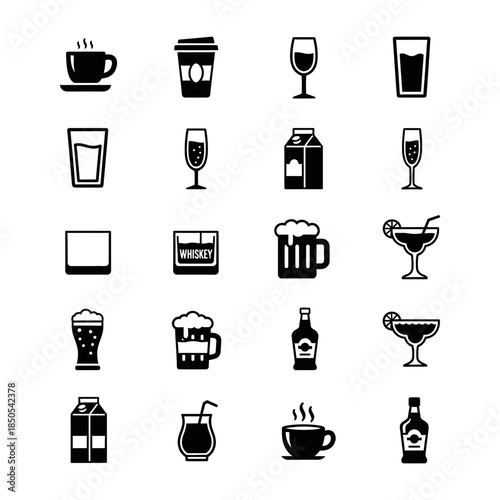 Collection of assorted beverage icons including coffee, tea, milk, juice, and alcoholic drinks for various uses