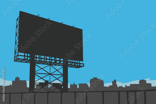 Dynamic billboard space in city skyline silhouette against blue sky, perfect for striking advertisement campaigns or urban development projects today