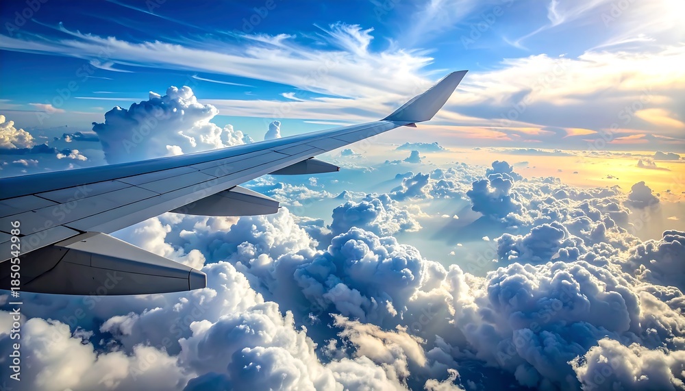 Obraz premium View of airplane wing soaring through bright fluffy clouds in the sky