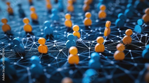 blue and orange wooden peg figures linked by white network lines on a dark surface, conveying connectedness, collaboration and community