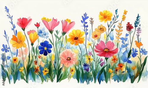 colorful watercolor wildflower meadow with pink, yellow, blue and orange blooms, green stems and leaves, joyful whimsical spring floral scene