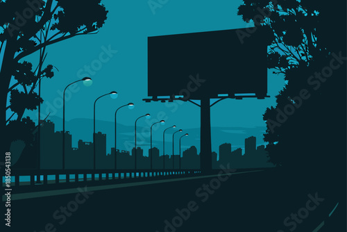 Advertise your brand on a billboard overlooking a tranquil cityscape at dusk, perfect for real estate, finance, or tech campaigns, use for announcements