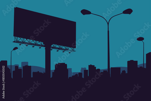 City skyline silhouette with billboard glows in the evening light, perfect for urban development, advertising, or metropolitan concepts and business ventures