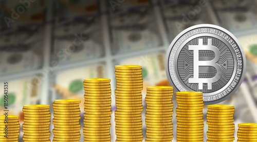 Vector financial economic poster. 3D stacks of gold coins and bitcoin. Digital cryptocurrency. Blurred US 100 dollars bills. Banks, business and technology. High tech