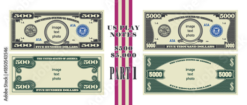 Vector set of large denomination US 500 and 5000 dollars banknotes. Sample and template. Obverse and reverse sides of bills. Blank circle. Inscription - image, text, photo. Part 1