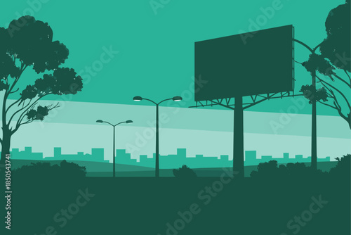 Urban billboard advertising space in park near city skyline offers modern promotional opportunity, a blank canvas for your message amidst natural surroundings