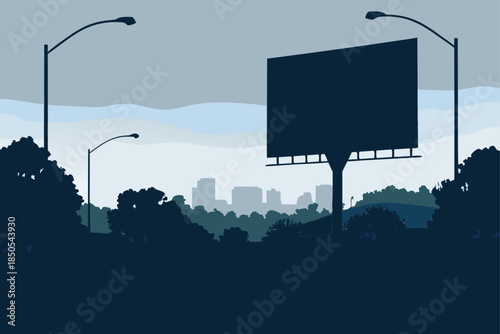 Advertise your brand on a billboard overlooking a cityscape, perfect for a marketing campaign, showing a modern urban setting, and a clear message
