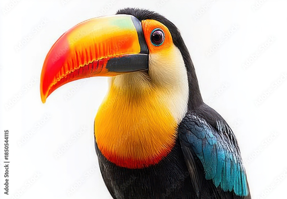 Fototapeta premium close-up colorful toucan with large orange beak, bright yellow throat, white cheek and teal wing feathers, alert curious expression on clean white background