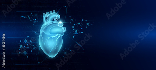 Health care medical. Human heart organ hologram transparent in the ring line with icon digital medical technology. On dark blue background. Science banner vector.