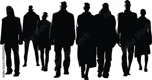Group of diverse people walking forward as stark black silhouettes against