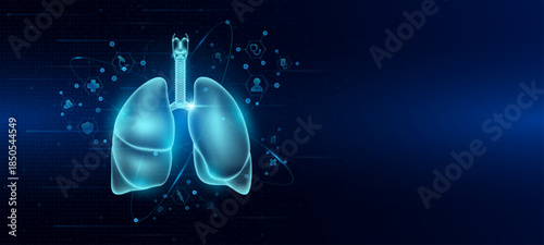 Health care medical. Human lung organ hologram transparent in the ring line with icon digital medical technology. On dark blue background. Science banner vector.