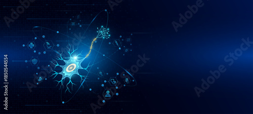 Health care medical. Human nerve cell organ hologram transparent in the ring line with icon digital medical technology. On dark blue background. Science banner vector.