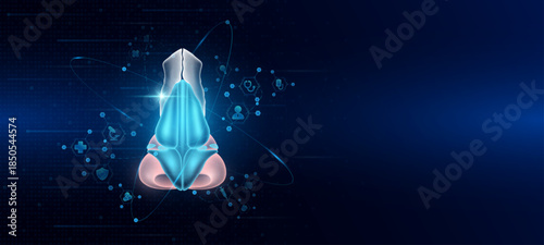 Health care medical. Human nose organ hologram transparent in the ring line with icon digital medical technology. On dark blue background. Science banner vector.