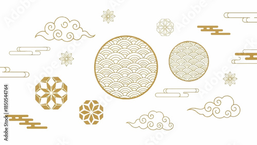 Elegant golden traditional East Asian decorative patterns and stylized clouds for cultural events and festive design projects, offering a sophisticated aesthetic