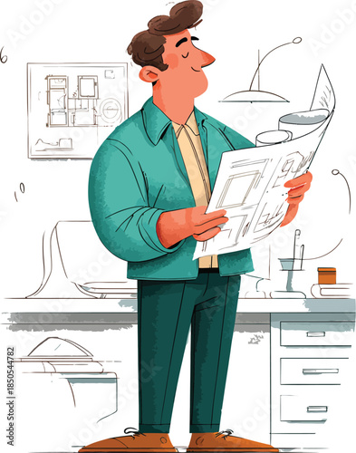 Architect reviewing building blueprints standing at his modern office desk