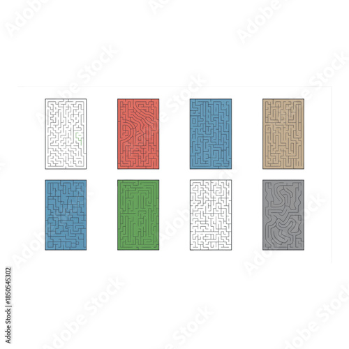 Collection of different color maze puzzles for kids and adults Vector illustration