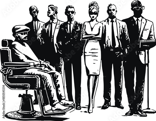 Stylized group portrait of a distinguished older man in a barber chair with entourage