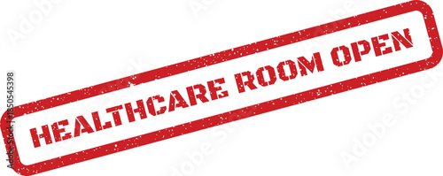 Textured red rectangular rubber stamp indicating Healthcare Room Open status for medical facility signage