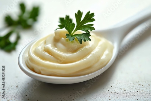 Appetizing spoonful of creamy mayonnaise on a white ceramic spoon garnished with fresh parsley, smooth texture close-up food detail