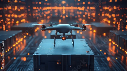 Futuristic drone on a metallic platform in a city at night.